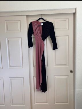 Misa Los Angeles Pink and Black Velvet Wrap Maxi Dress